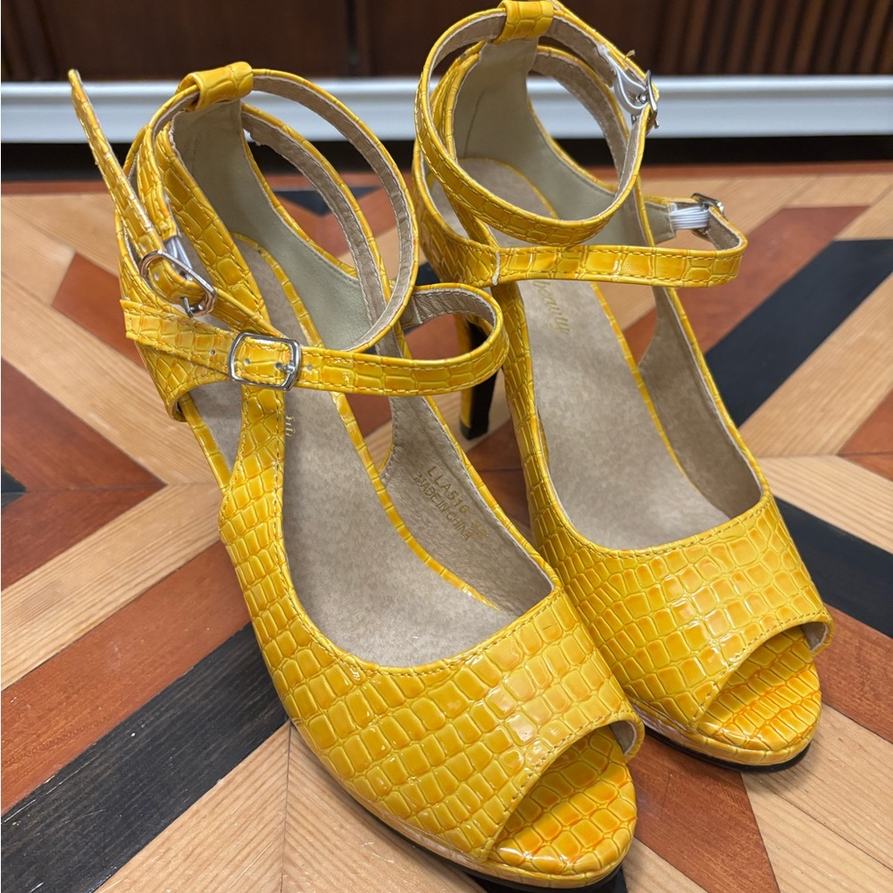 Vibrant Yellow Croc-Embossed Heels with Ankle Strap